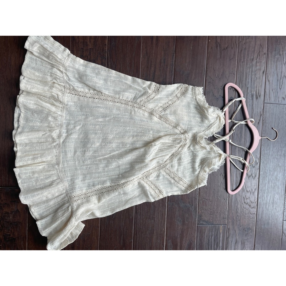 RAGA Ivory Metallic Gauze Babydoll Mini Dress Lace Trim Criss Cross Back NWT‎ XS - Picture 6 of 6